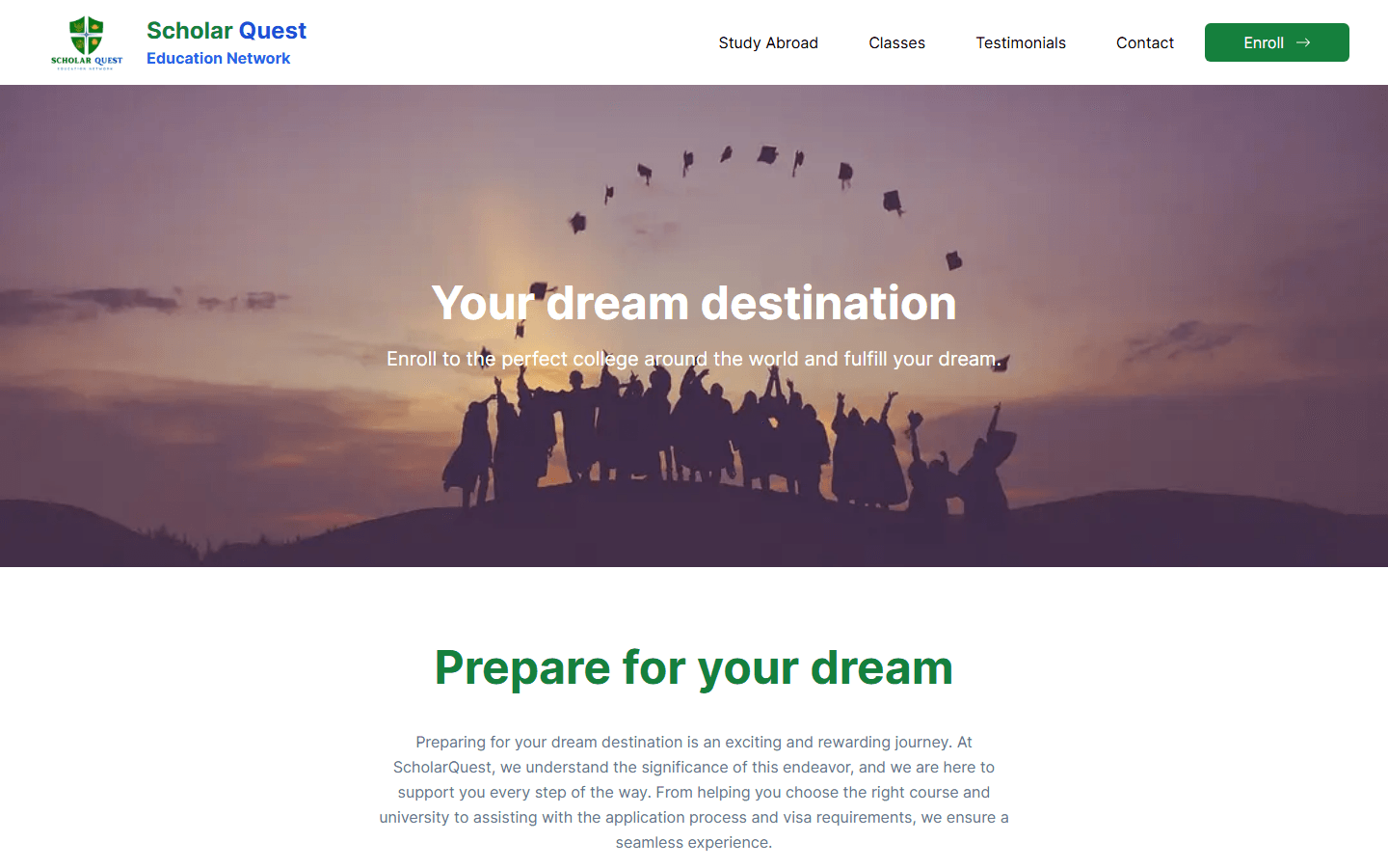 ScholarQuest homepage with destination and test prep guidance